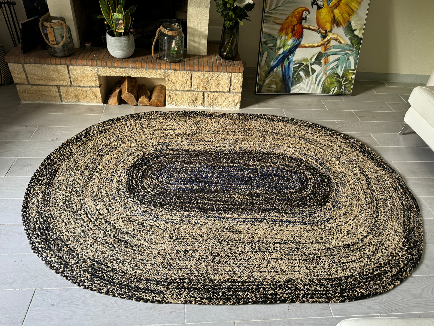 TAPIS EN RAPHIA NATUREL CHINE NOIR PIECE UNIQUE