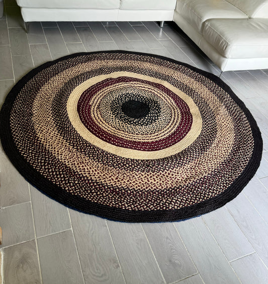 TAPIS EN RAPHIA Bordeaux Naturel et Bleu   PIECE UNIQUE